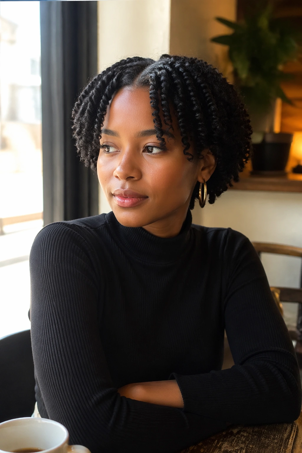 Model with clean middle-part twist out in cafe window light