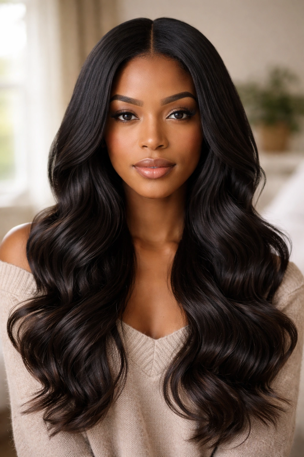 Close-up of a real woman with a middle-part silk press and loose waves