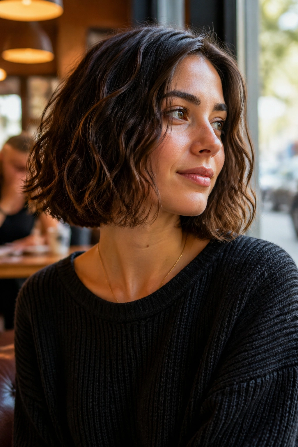 Close-up of a real woman with a blunt midi-bob in soft daylight