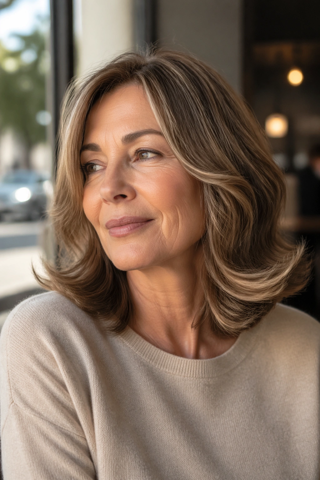 Close-up portrait of a real woman with midlength hair and ends turned outward in a soft flip