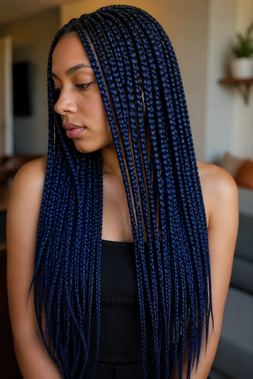 Close-up of midnight blue waist-length box braids on a real person with dark roots.