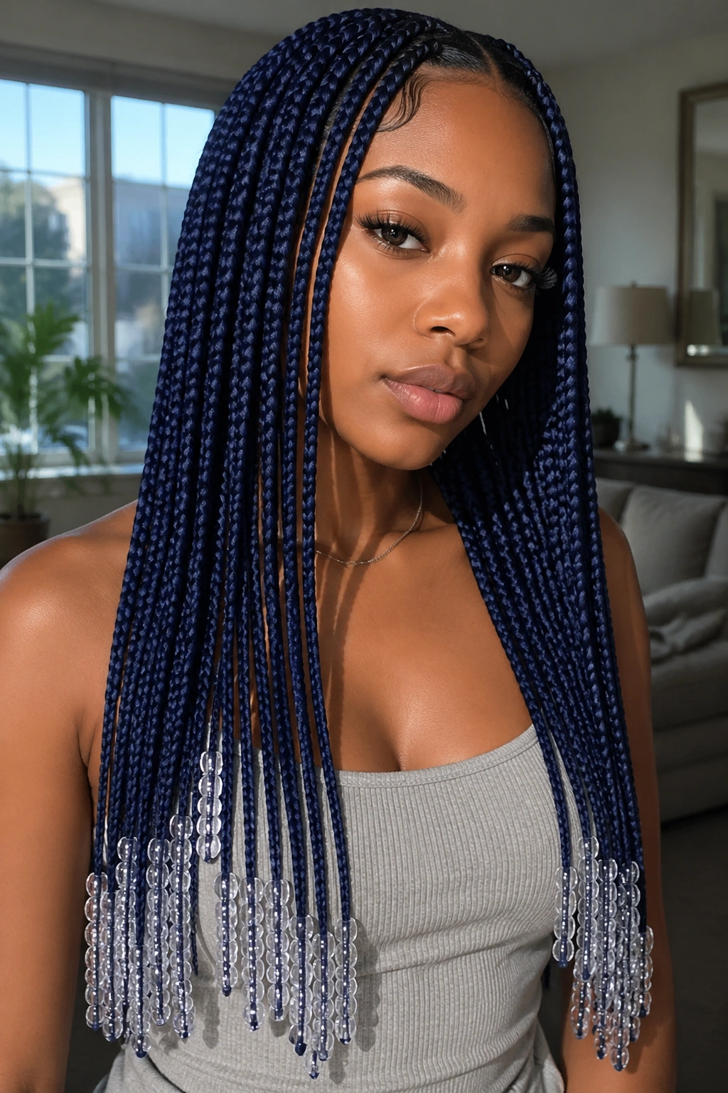 Portrait of a real person with waist-length midnight blue knotless box braids and clear end beads