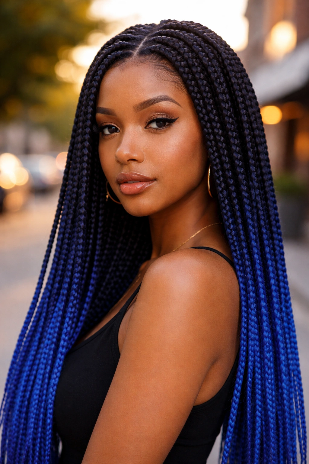 Close-up portrait of a real woman with midnight blue to cobalt box braids