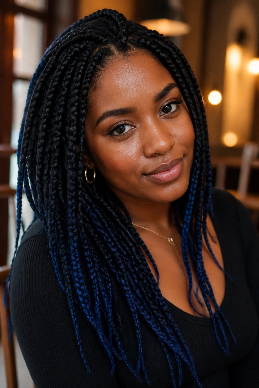 Close-up of midnight blue dip-dye box braids on a real person