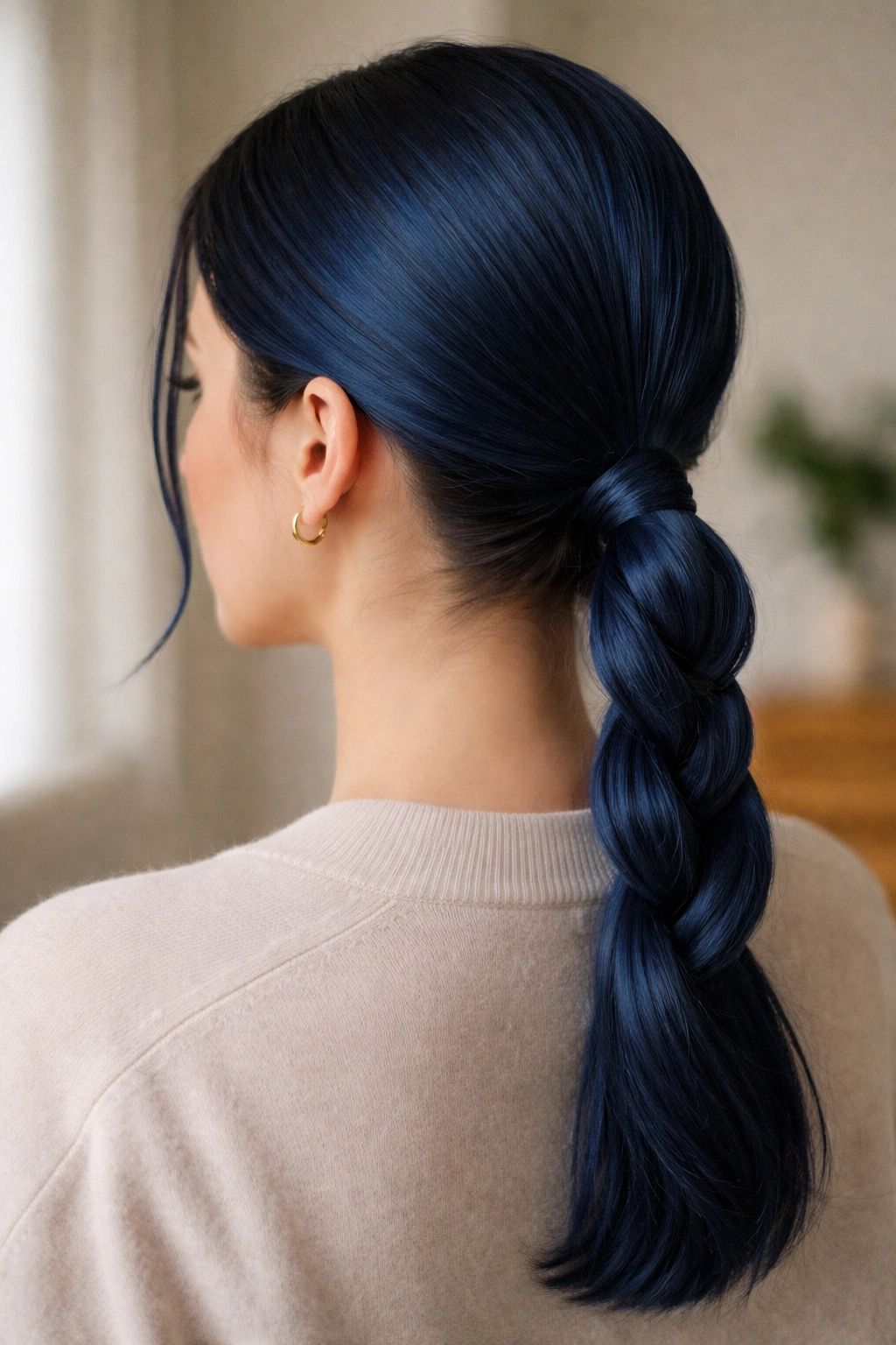 Close-up portrait of a real person with a midnight blue low rope-braid ponytail, center part.