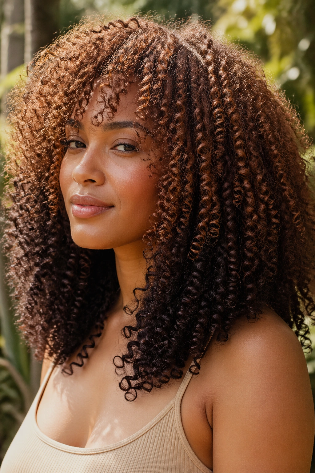 Hair color gradient from milk to dark chocolate on natural curls