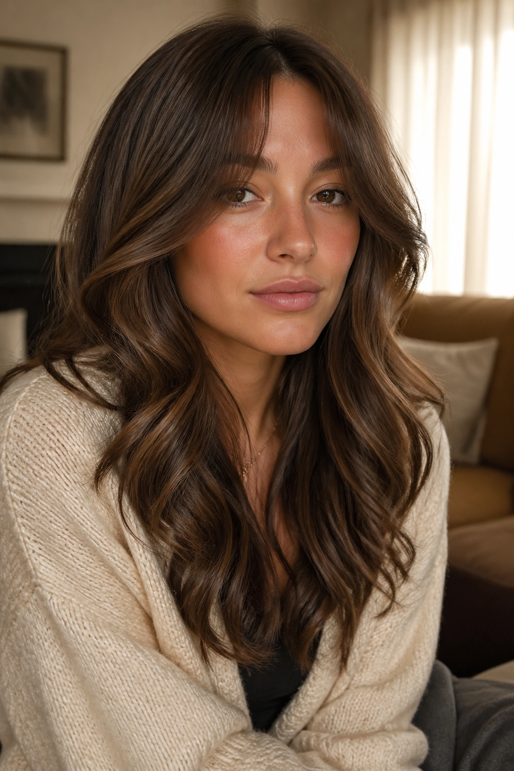 Close-up of a real woman with milk chocolate waves and soft grown-out fringe in warm living room light