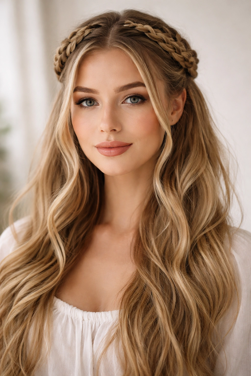 Milkmaid-Style Half Up hairstyle with two side braids pinned over the crown