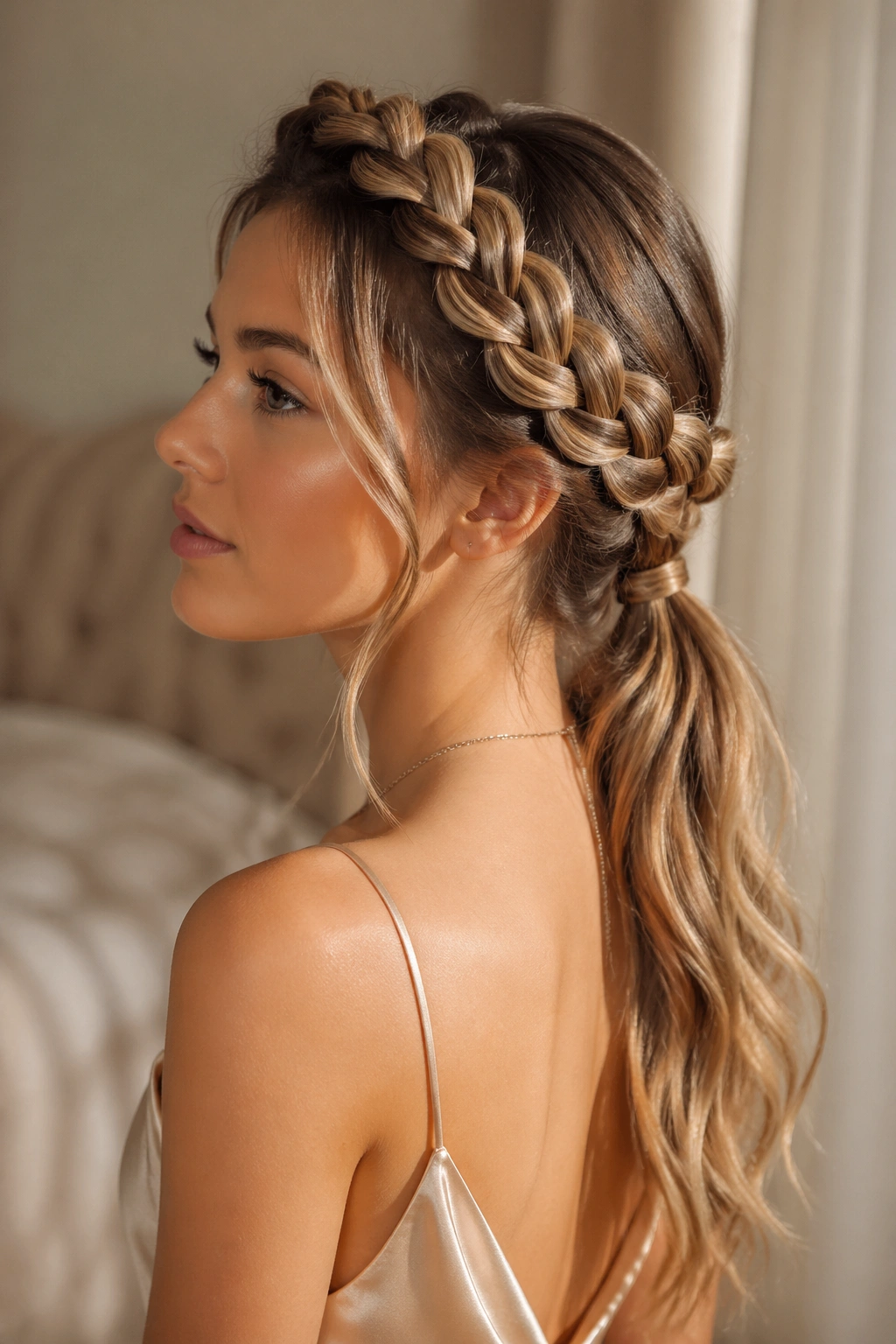 Milkmaid-Inspired Braided Ponytail close-up of a real woman with crown braids meeting into a low ponytail