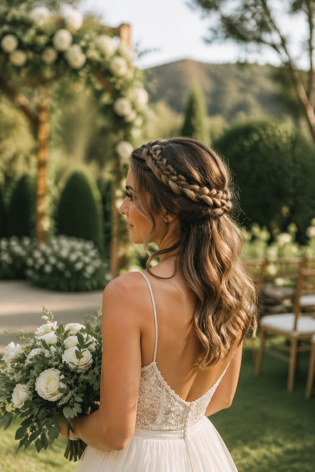 Bride with milkmaid half-crown braid in garden afterglow