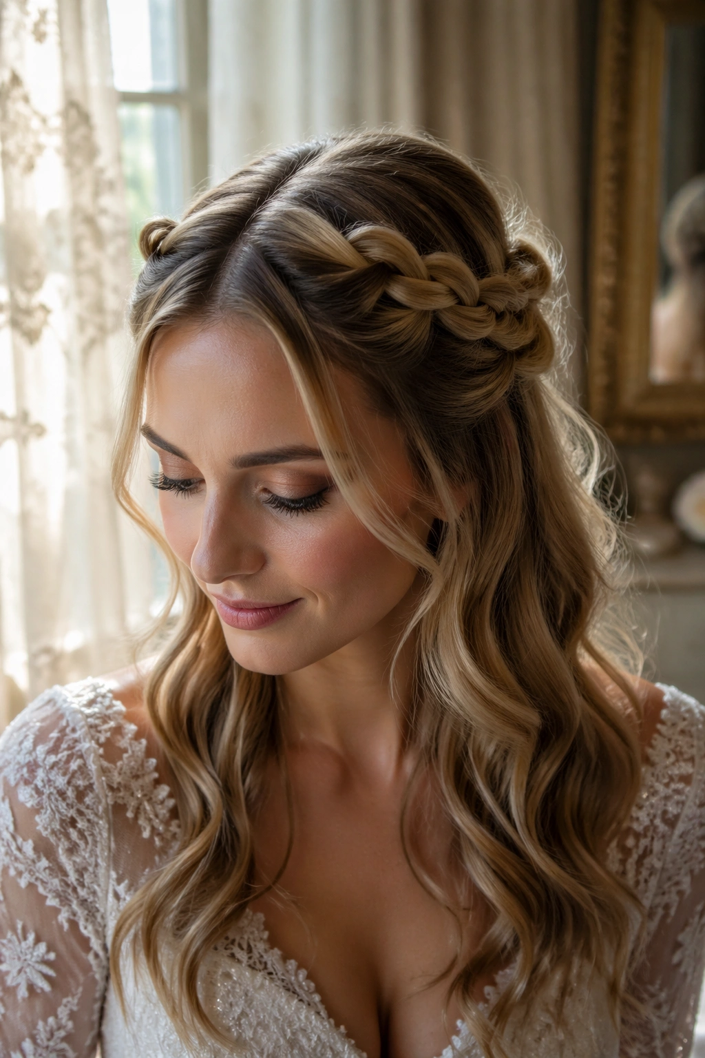 Close-up of milkmaid inspired half-up twist braid on real bride