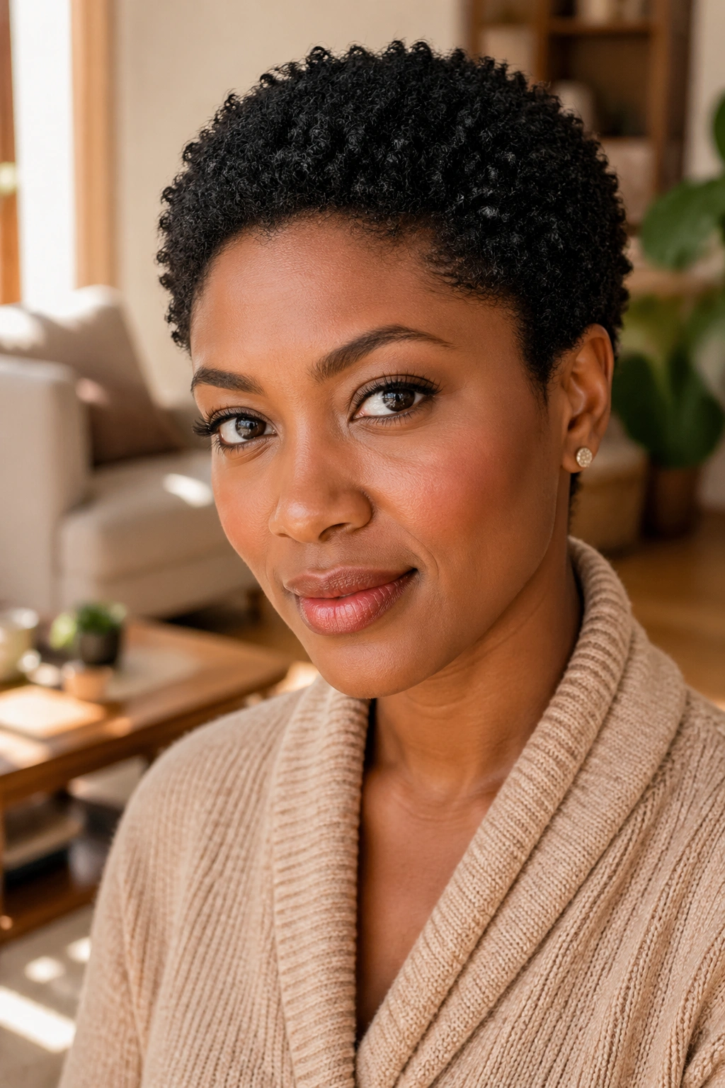 Close-up of a woman with a tightly coiled mini afro showing defined coils
