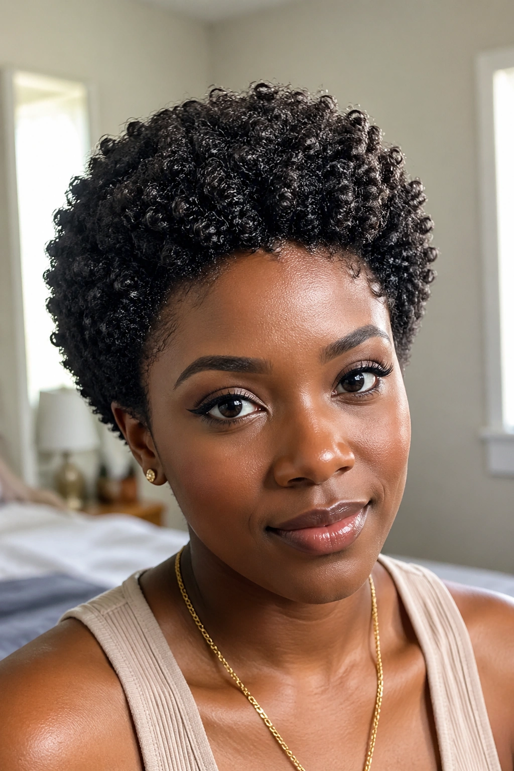 Close-up of a real woman with a mini crochet afro (4-6 inches)