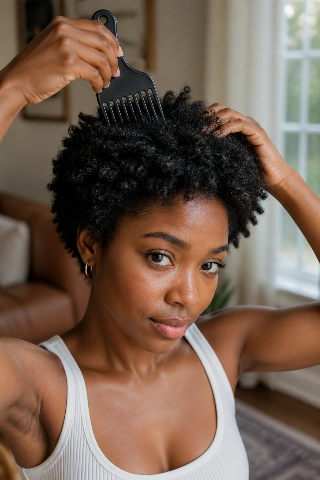 Close-up of a real person with a tiny afro and picks shaping the silhouette