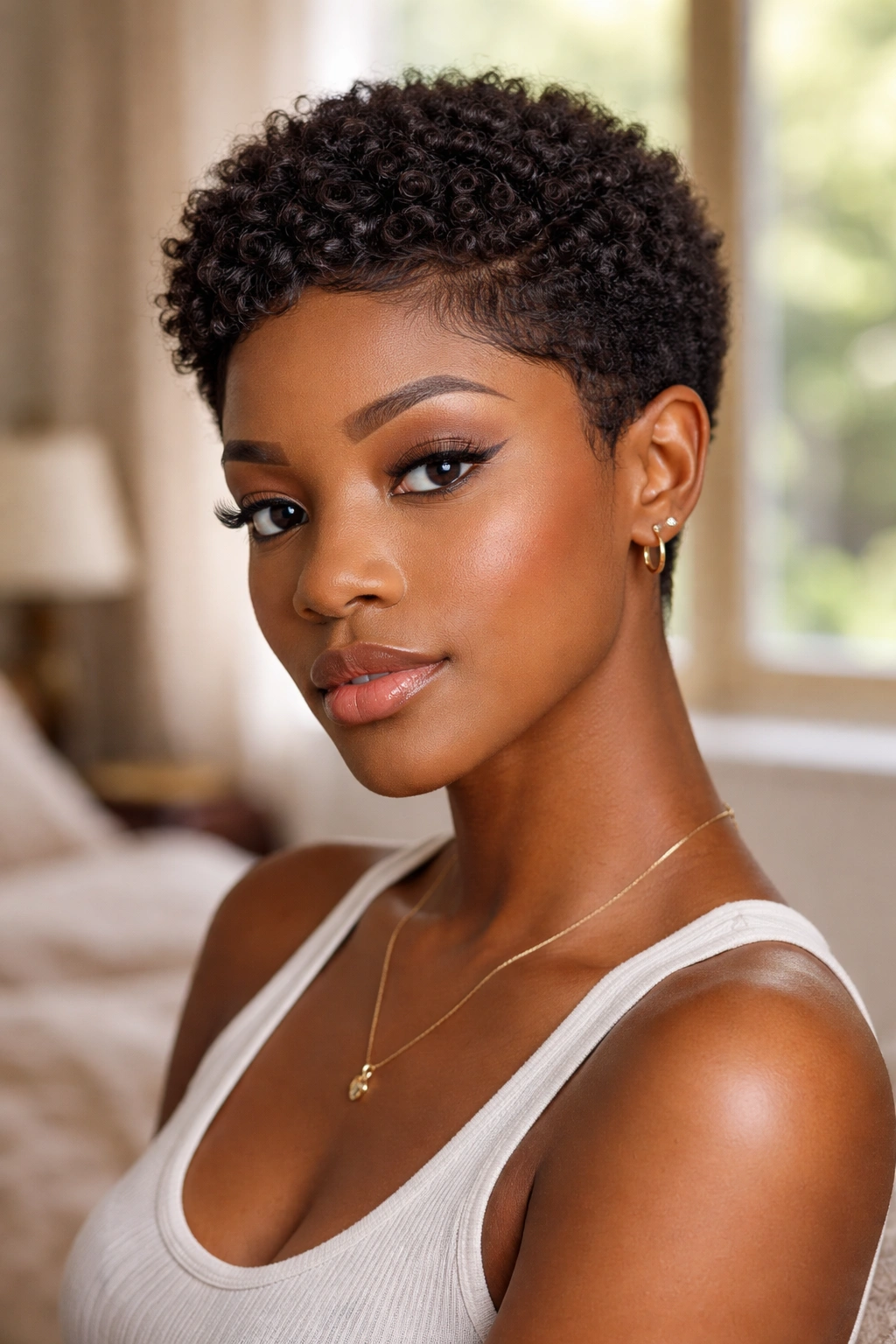 Close-up portrait of a real woman with a mini afro pixie cut, warm window light