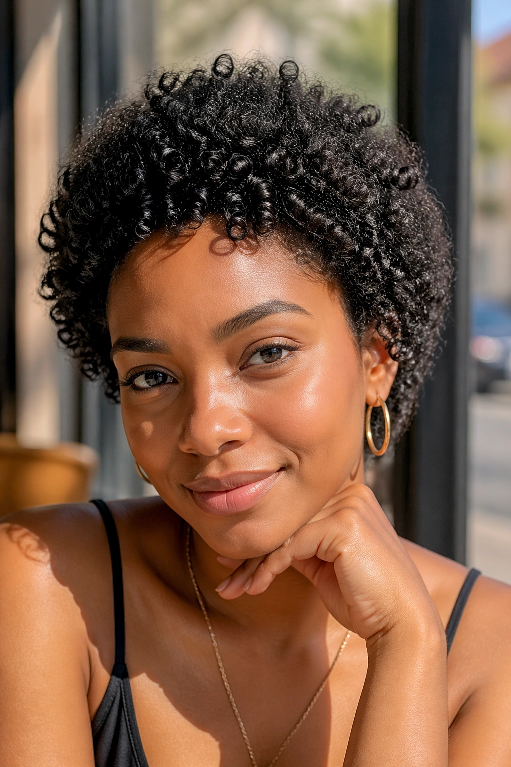 Close-up of a person with a mini Afro wash-and-go showing defined clumps.