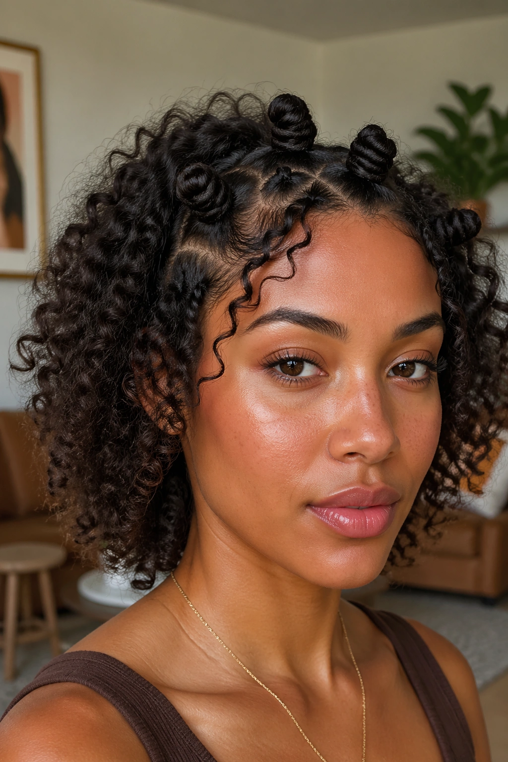 Close-up of a real woman with small bantu knots at the crown/front.