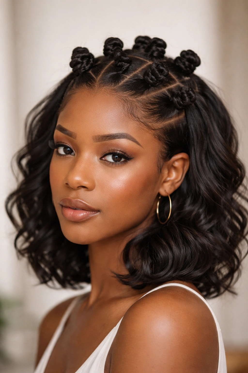 Mini Bantu knots across crown on short hair