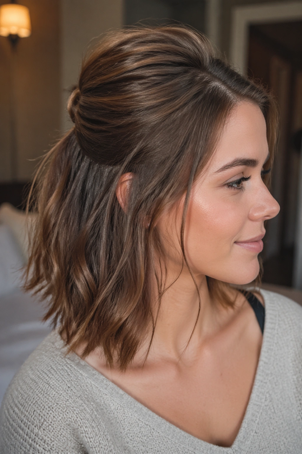 Close-up of a real person with a mini bouffant half ponytail and front bump.