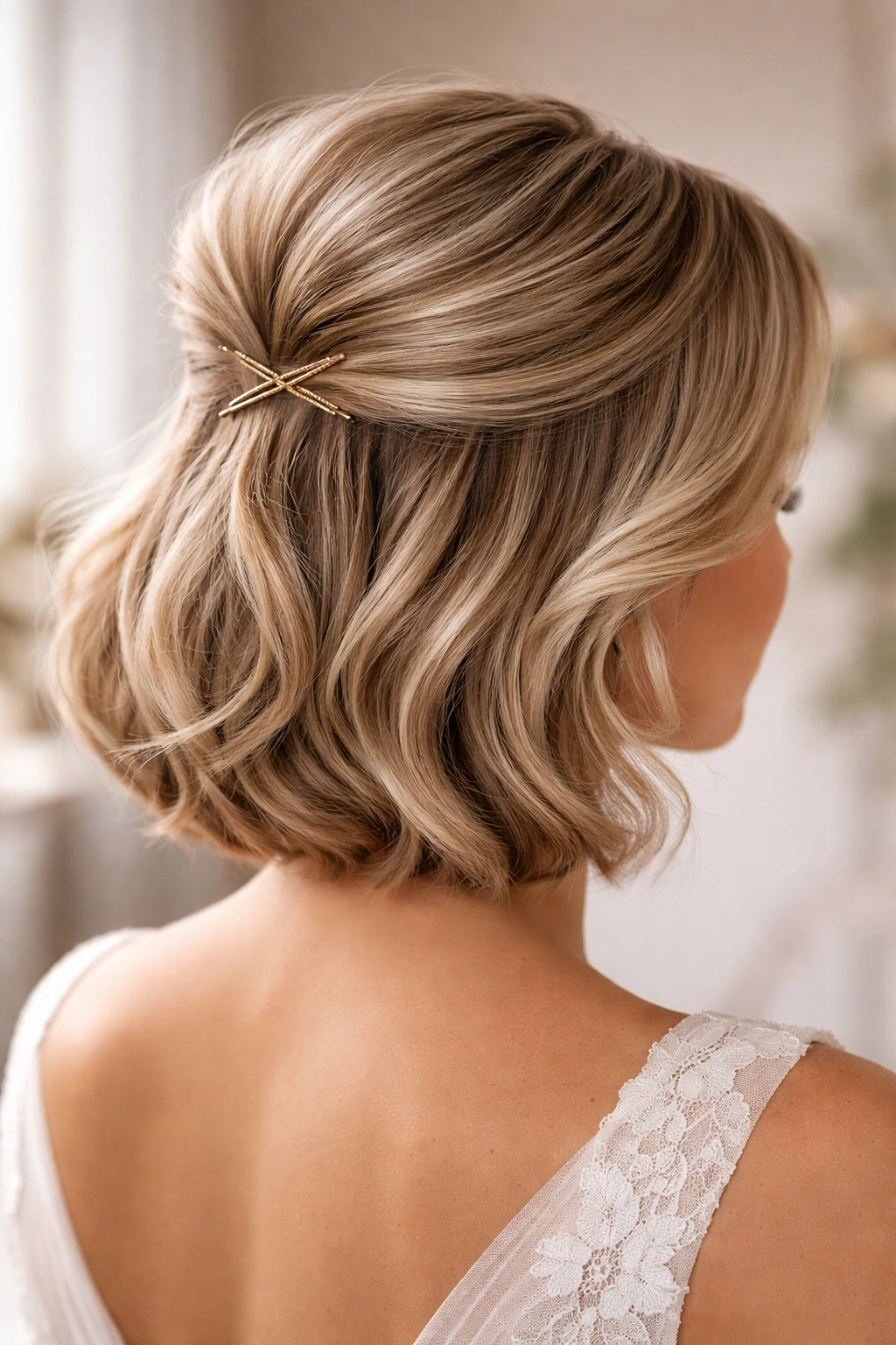 Close-up of a short hairstyle with a small bouffant and polished, sleek ends