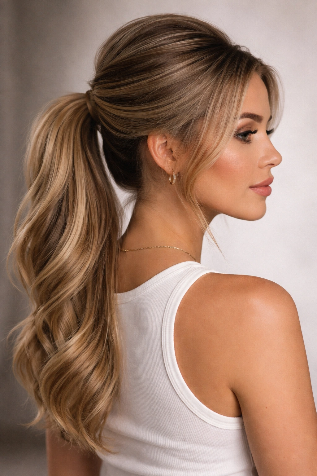 Low ponytail with a subtle crown lift and blended extension