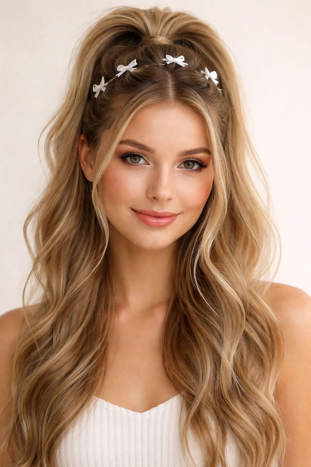 Close-up of a half-up ponytail with multiple tiny bows along the half-up section