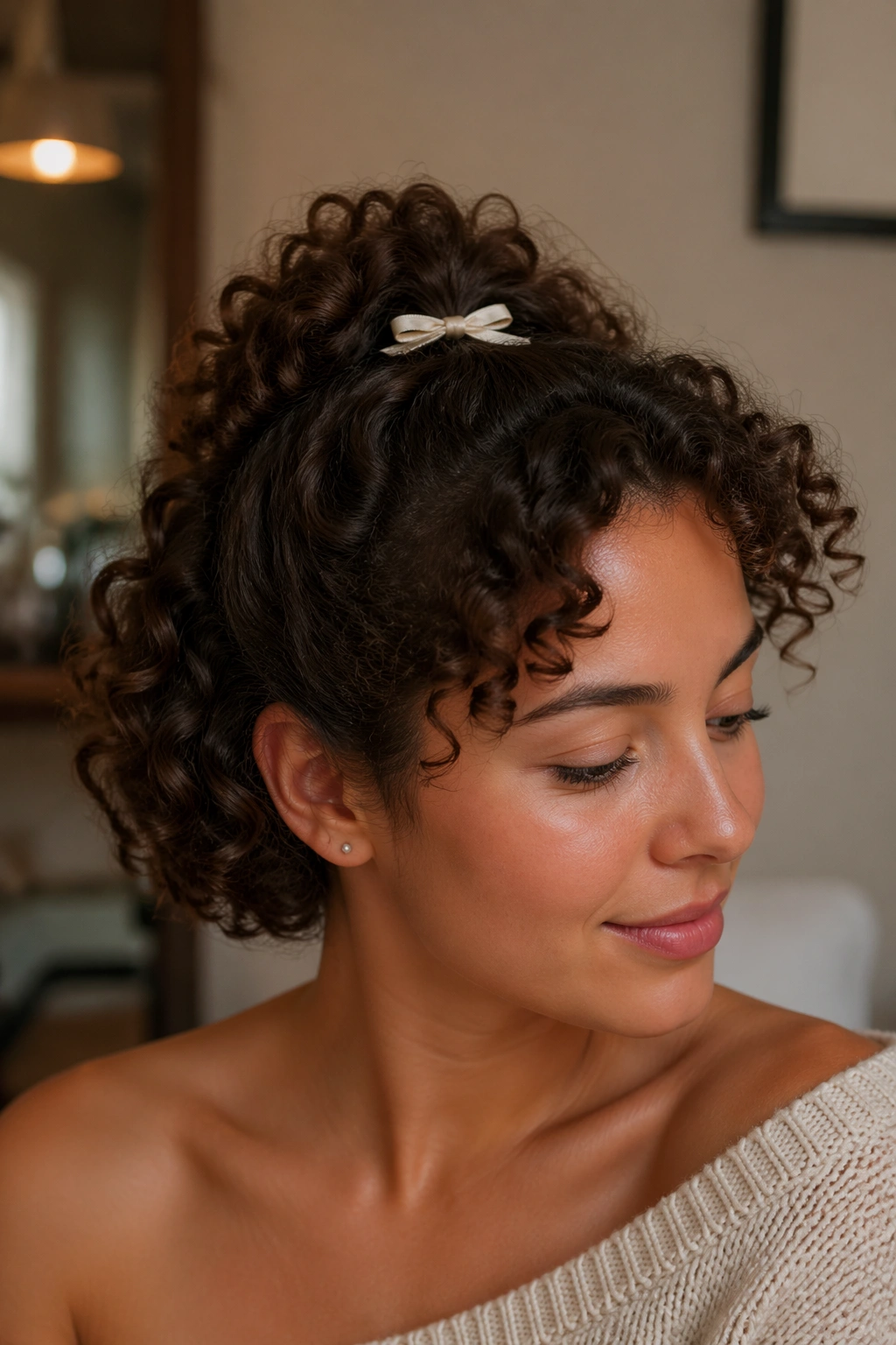 Close-up of a real woman with short curly hair and a mini bow ponytail
