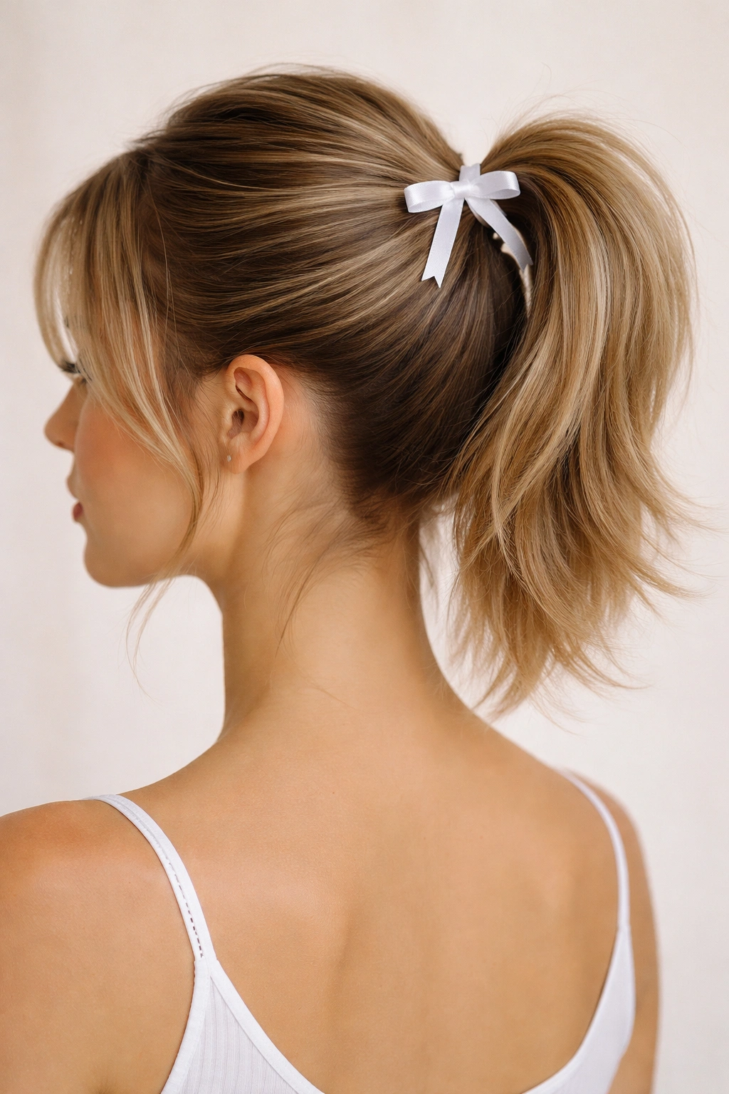 Close-up of a high ponytail with a tiny compact bow on short layered hair