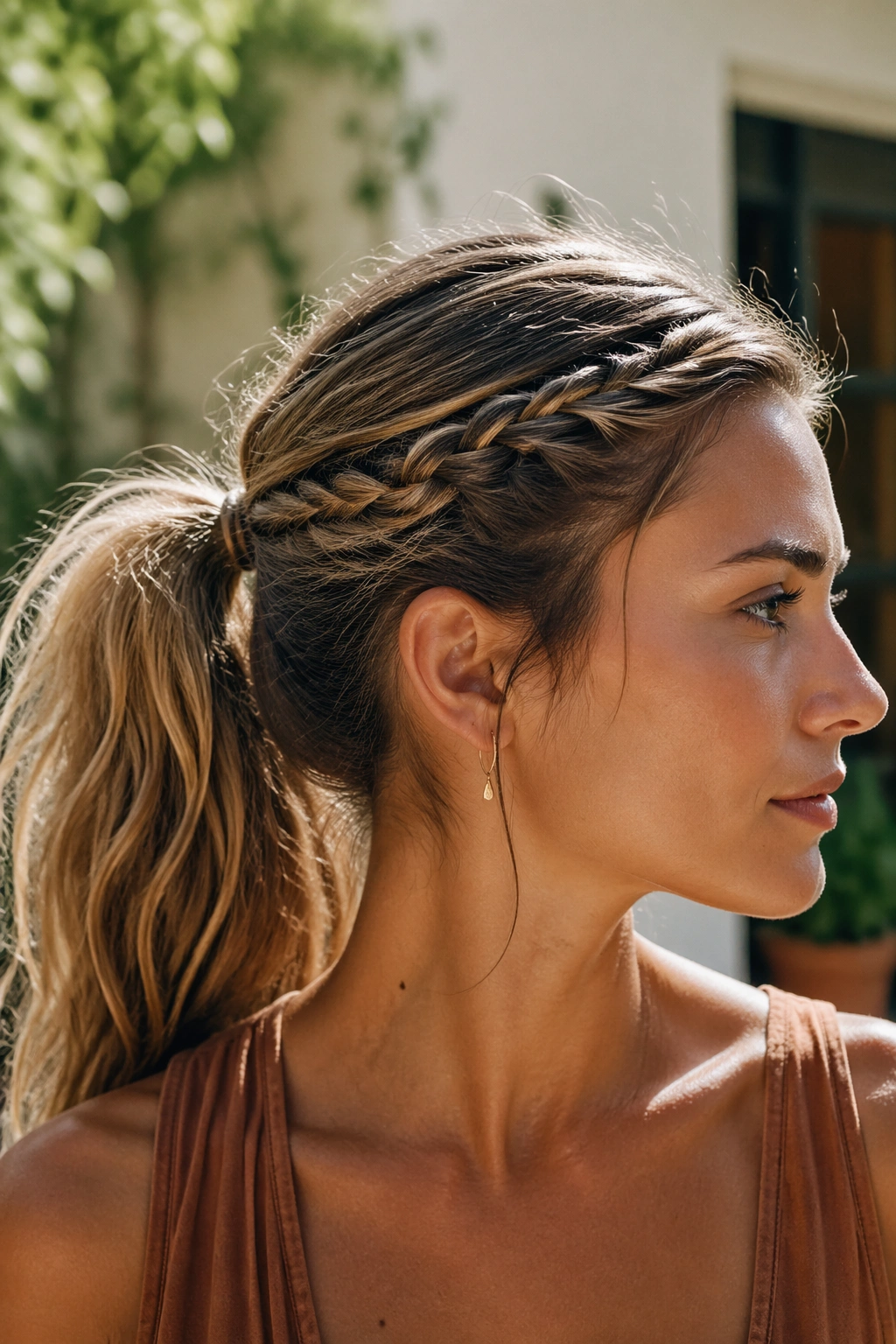Close-up portrait of a real woman with a tiny braid accent into a mid ponytail