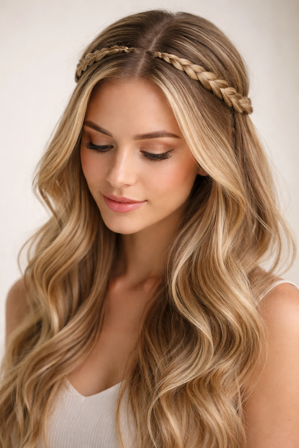 Close-up of mini-braid headband hairstyle with two small braids over long hair