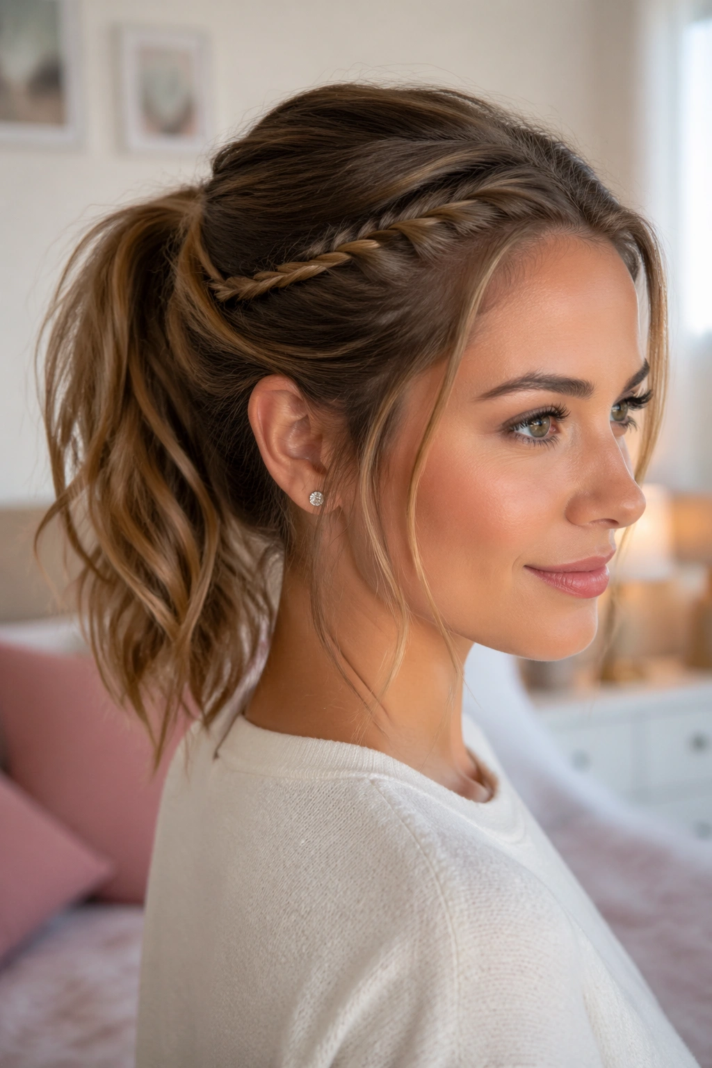 Close-up portrait of a woman with a mini-braid accent ponytail