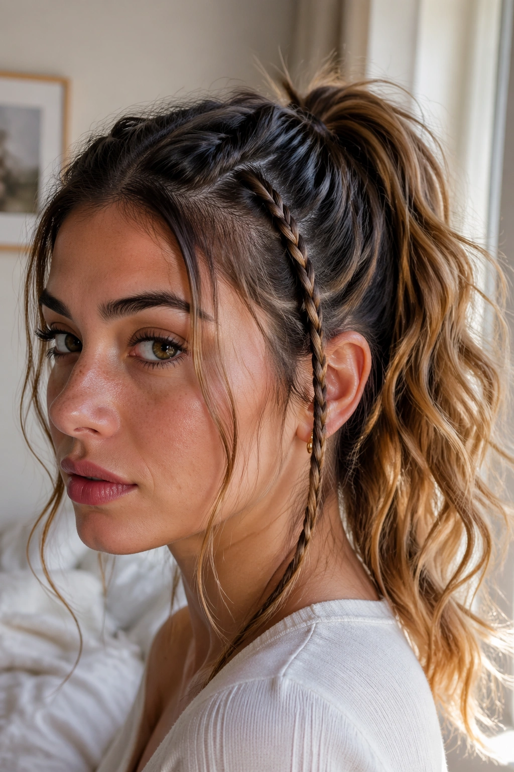 Close-up of a real woman with mini-braid accents in a loose wavy ponytail by a window
