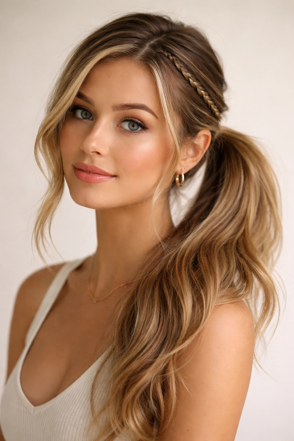 Tiny front braid integrated into a side ponytail.