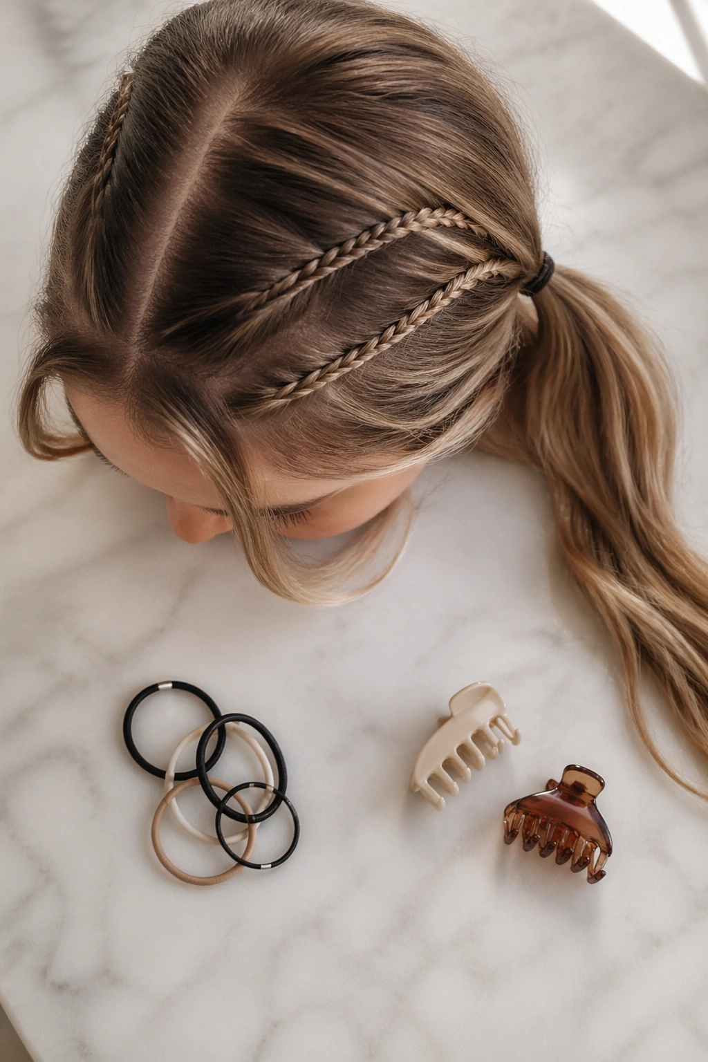Overhead flat-lay showing temple braids and low ponytail.