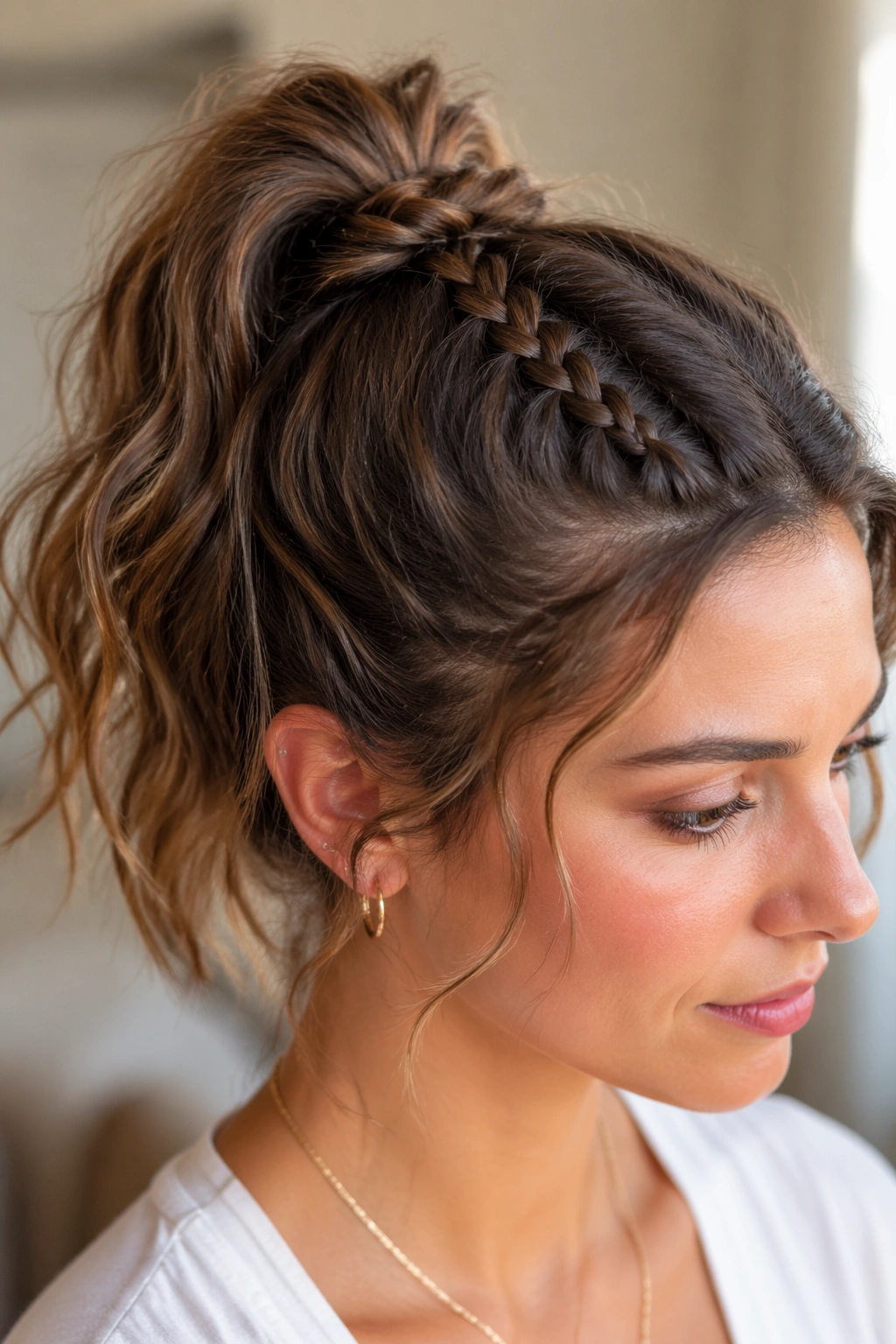 Real woman with a tiny crown braid anchoring a ponytail