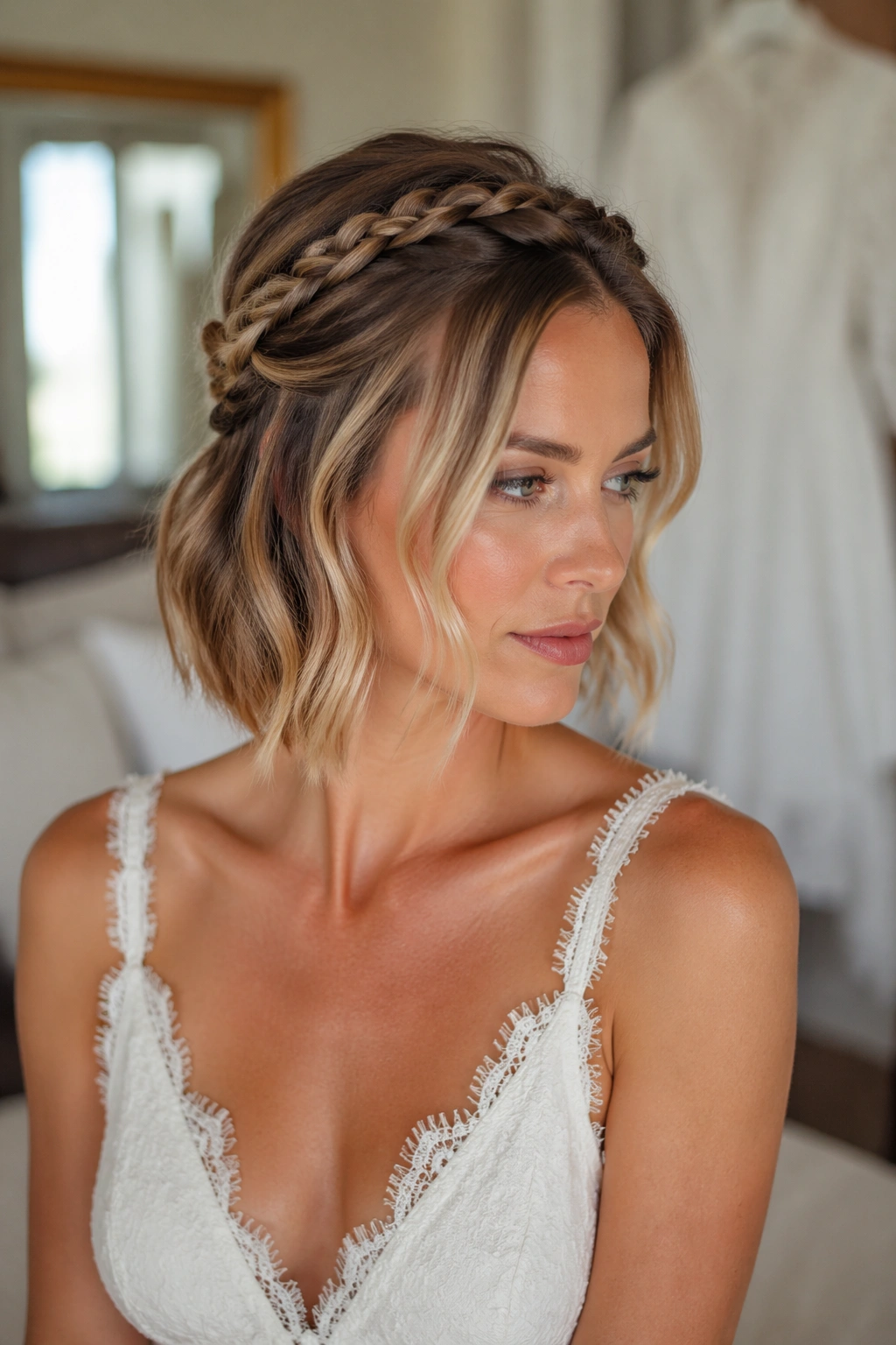 Close-up of a real woman with mini braided halo across the crown