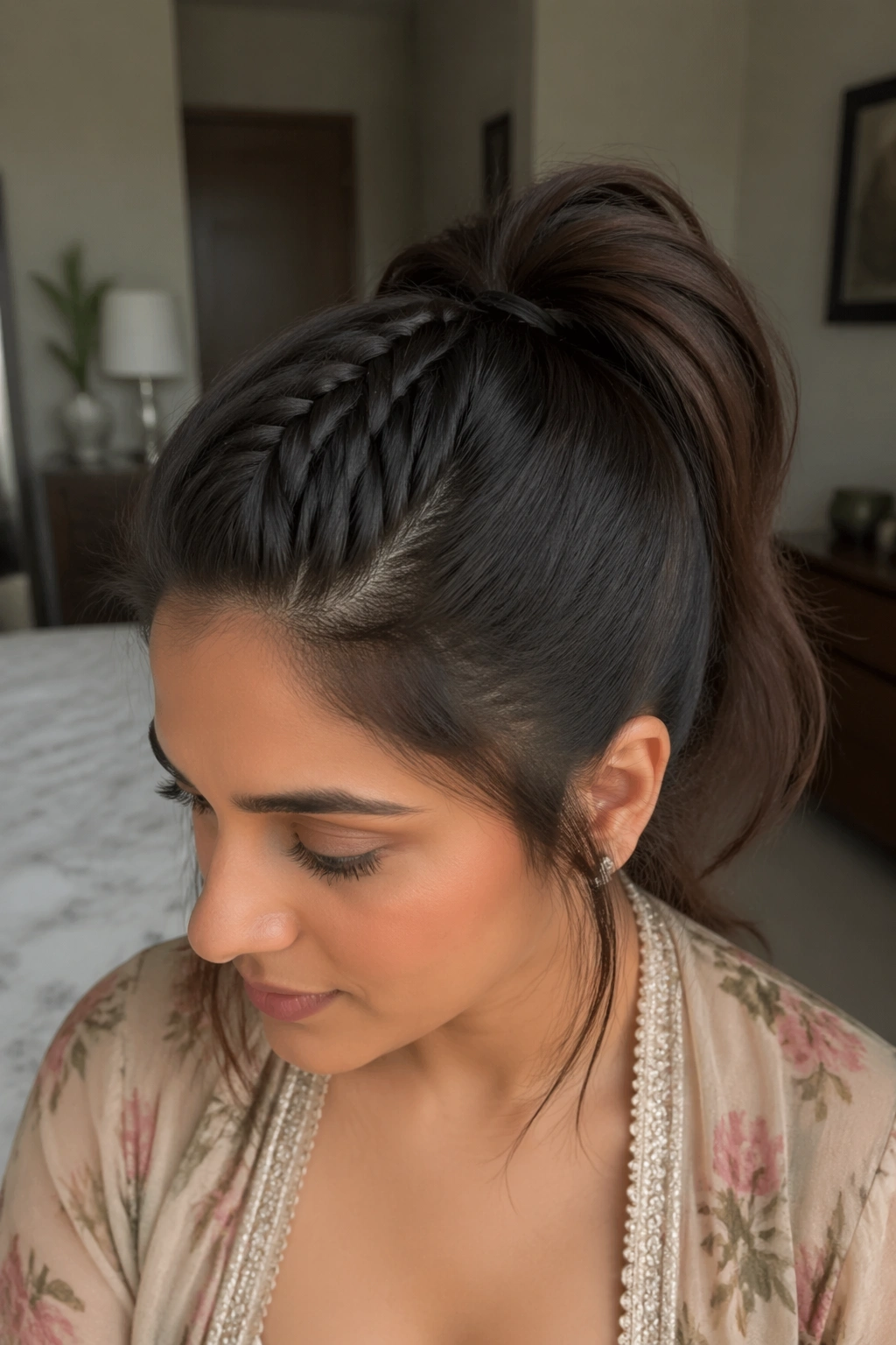 Medium close-up of a real woman showing a tiny front braid feeding into a high ponytail.