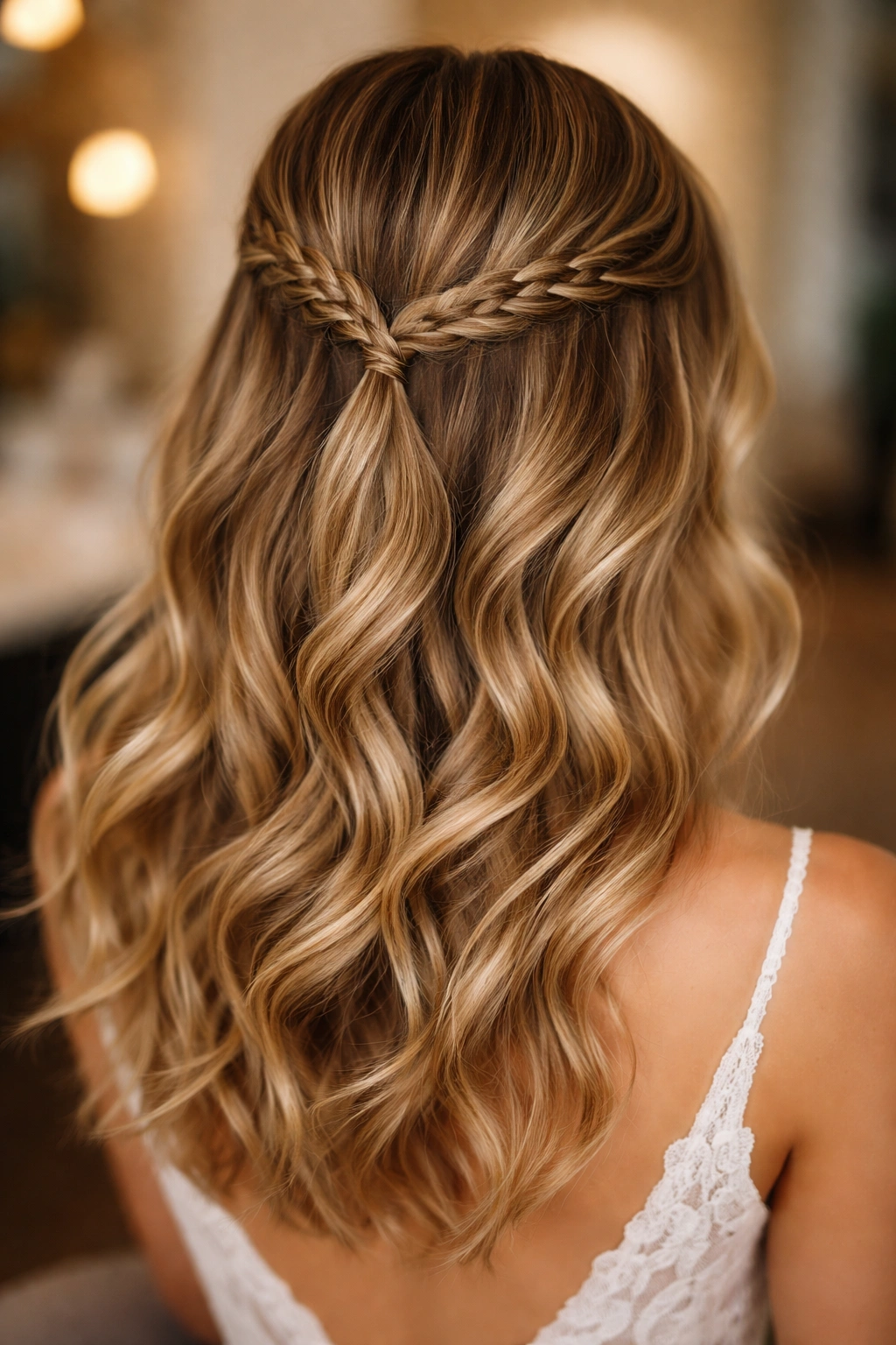Close-up of a real woman with Mini Braids Across the Back hairstyle in salon light