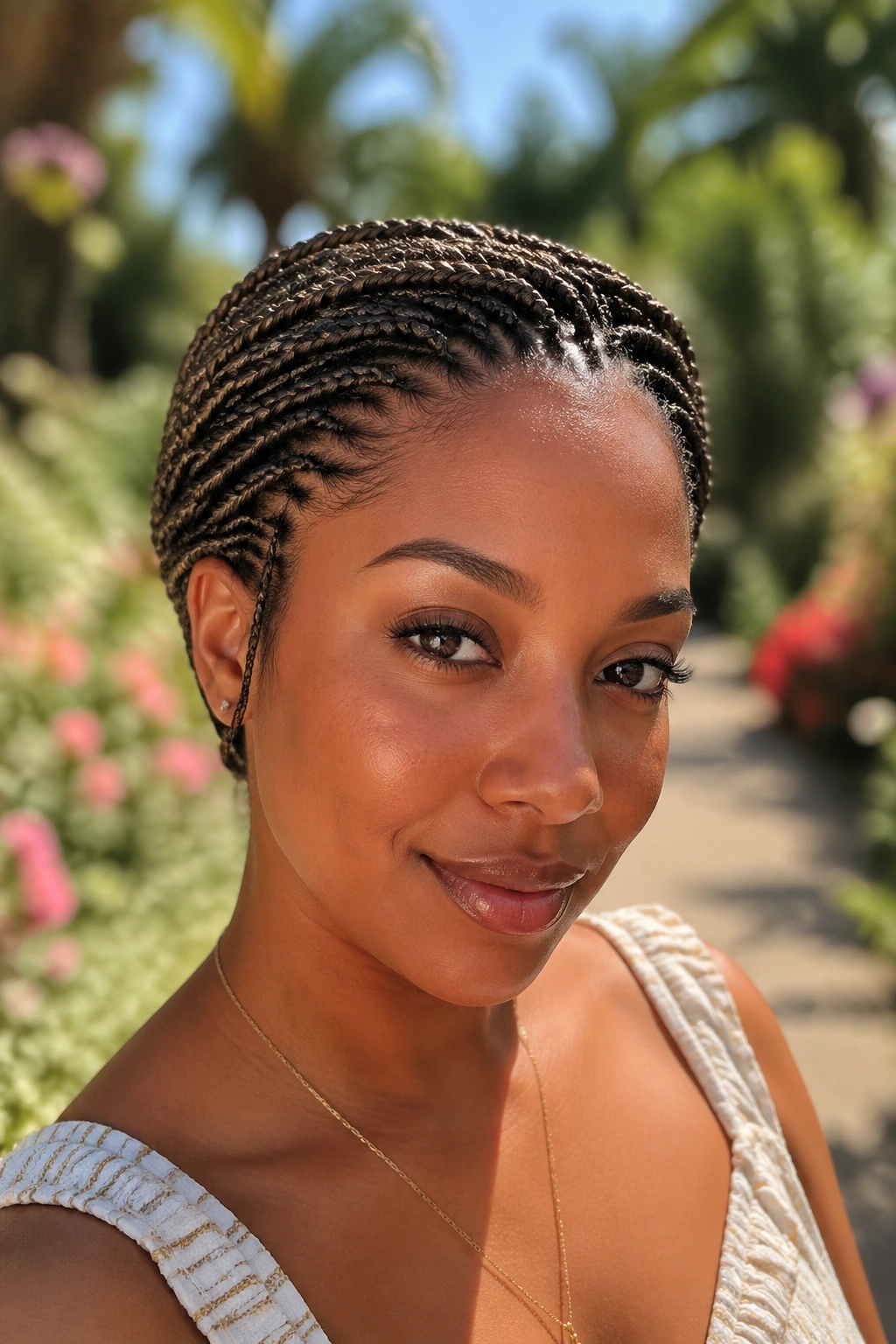 Mini braid crown on real woman in sunlit garden