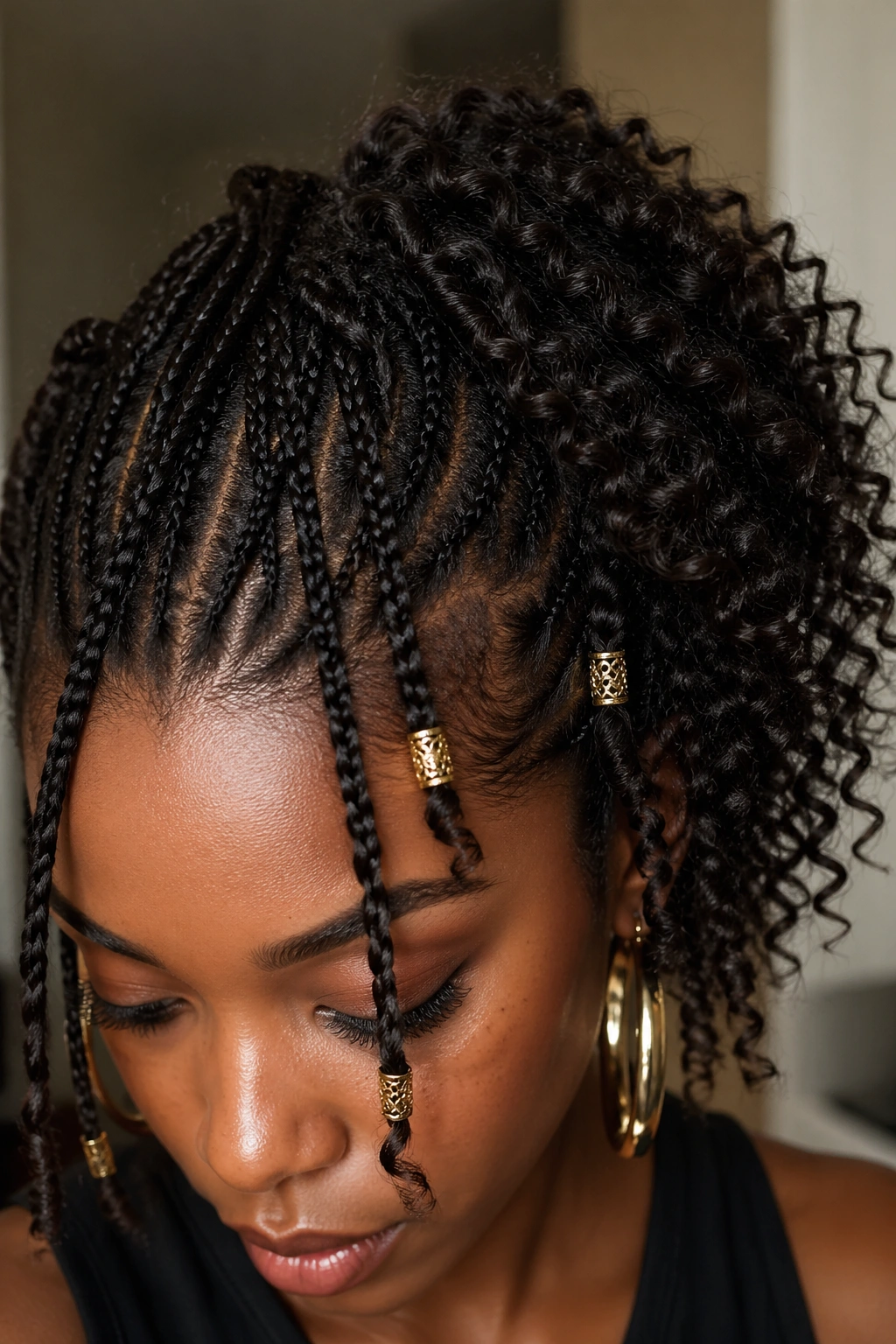 Close-up of a real person with mini braids and bold accessories.
