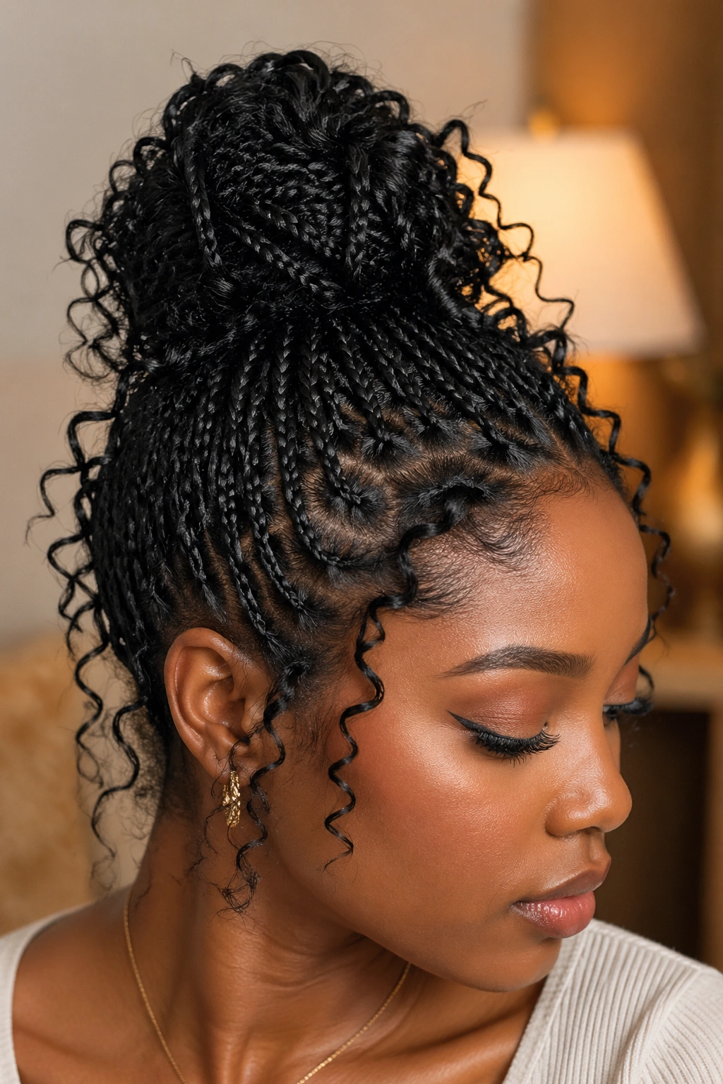 Close-up of a real person with mini braids pinned into a bun.