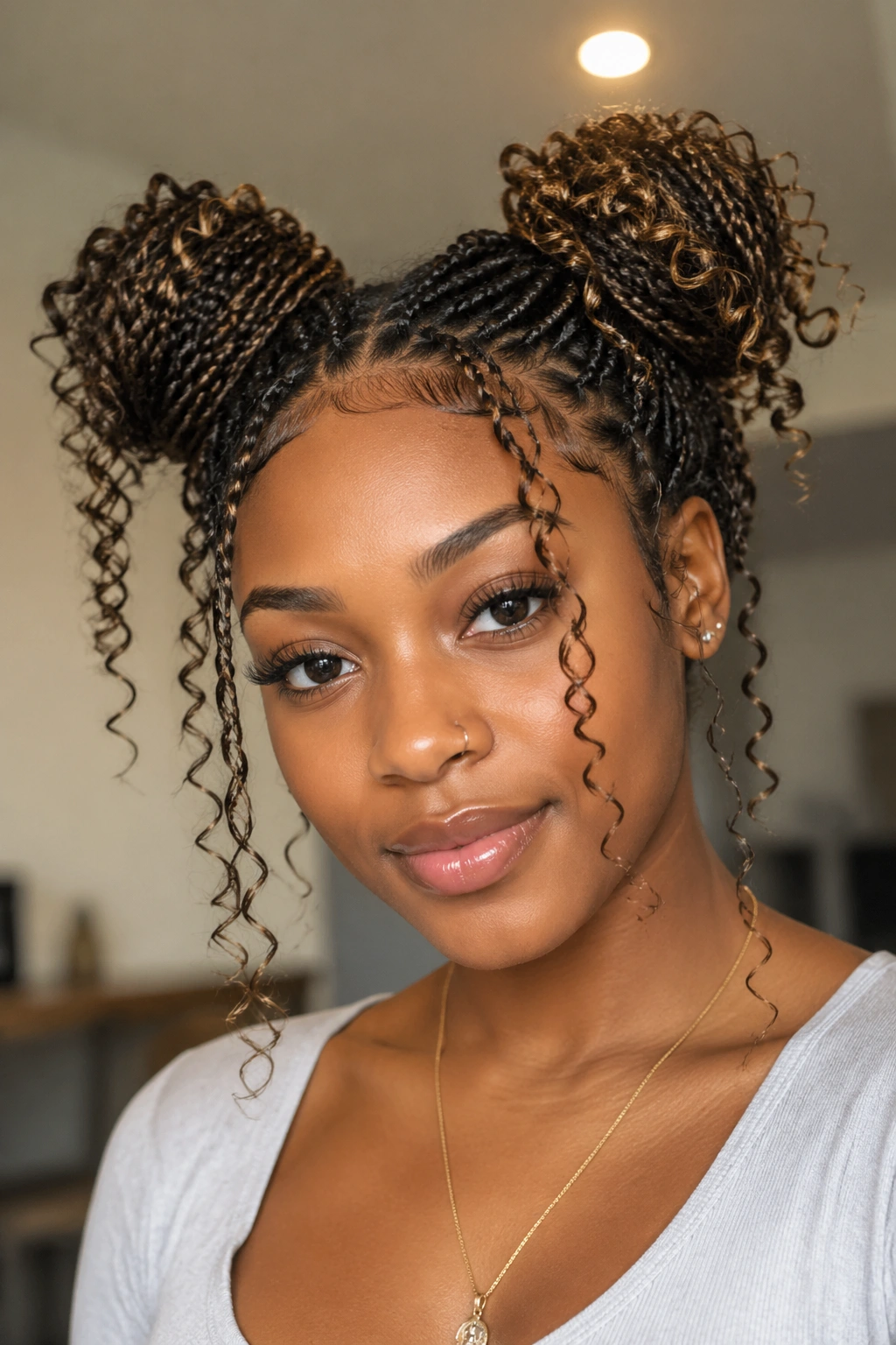 Close-up of a real person with mini braids in space buns.