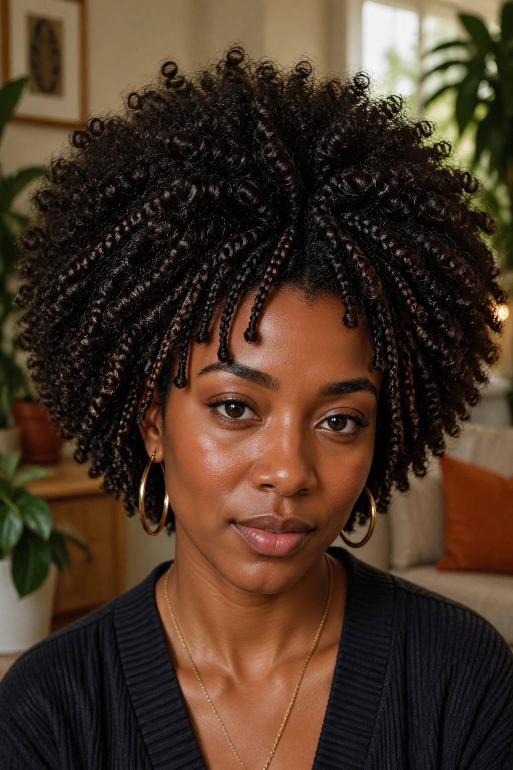 Close-up of a real person with scattered mini braids in a curly afro