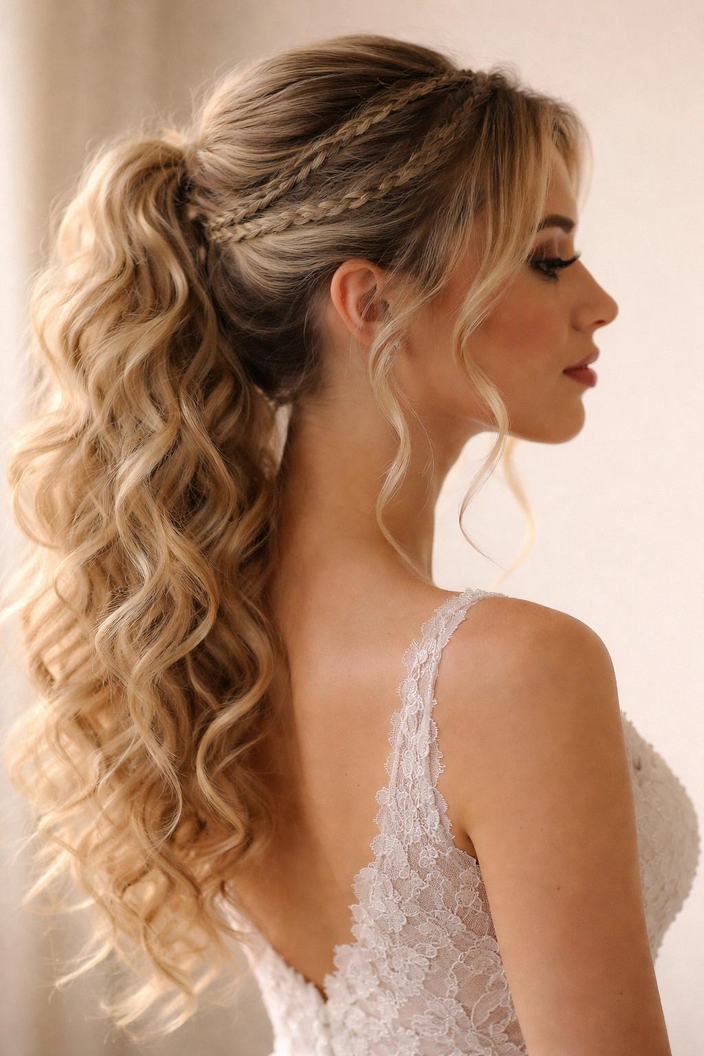 Romantic curly ponytail with mini braids along the hairline