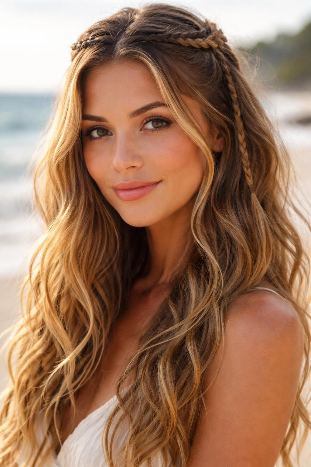 Portrait of a woman with half-up mini braids on a beach day