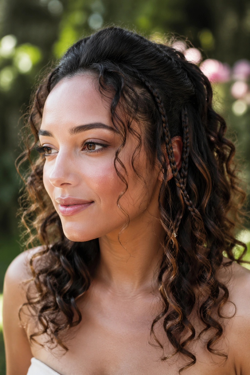 Close-up of a real bride's hairstyle with two tiny braids woven into loose curls at the temples, natural window light