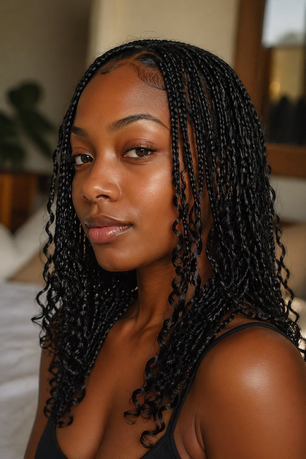 Close-up of a real woman with mini braids and curly ends on natural hair