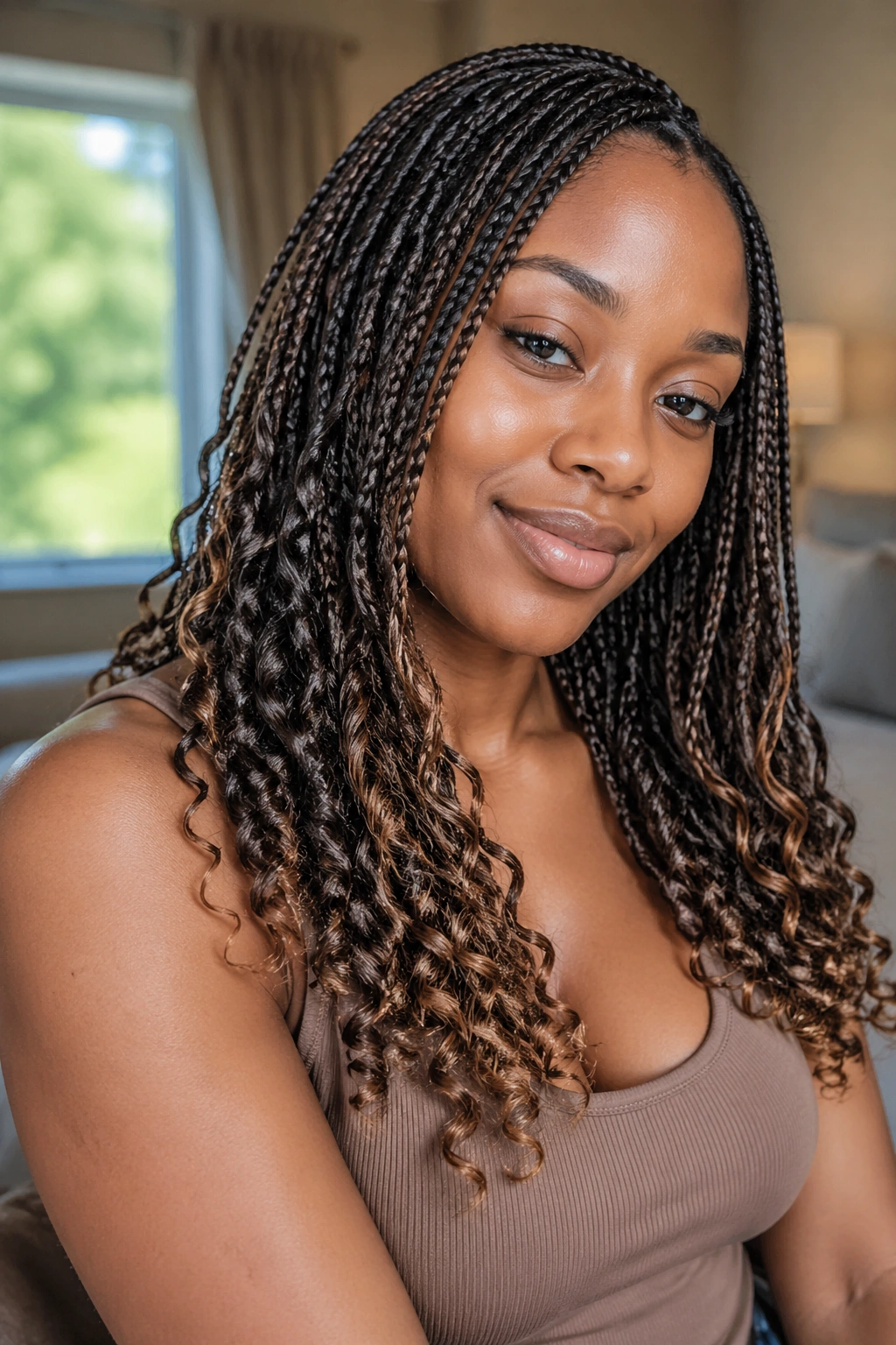 Close-up of a real woman with mini braids and passion twist curls.