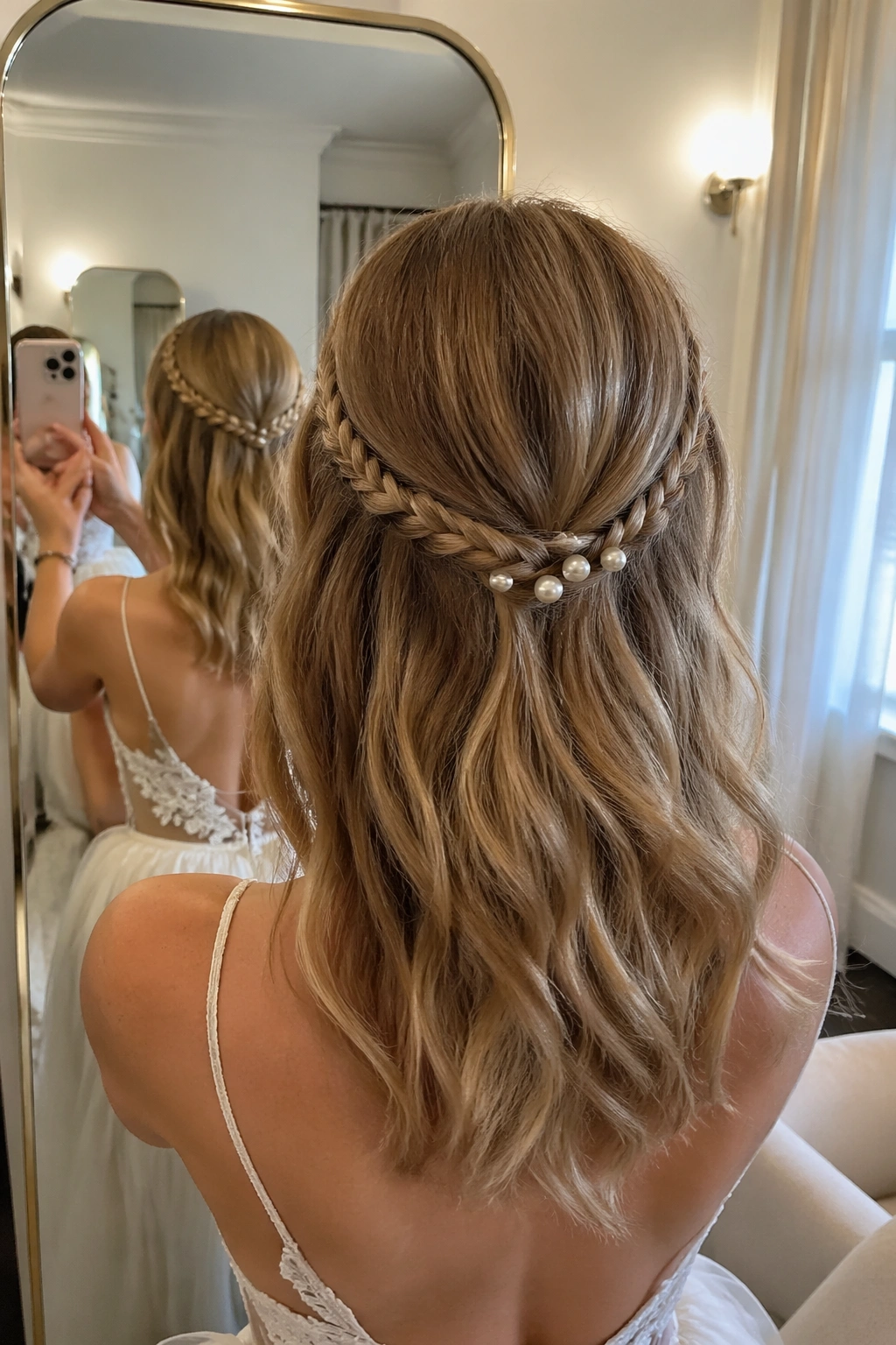 Over-the-shoulder mirror selfie view of double mini braids with pearl pins.