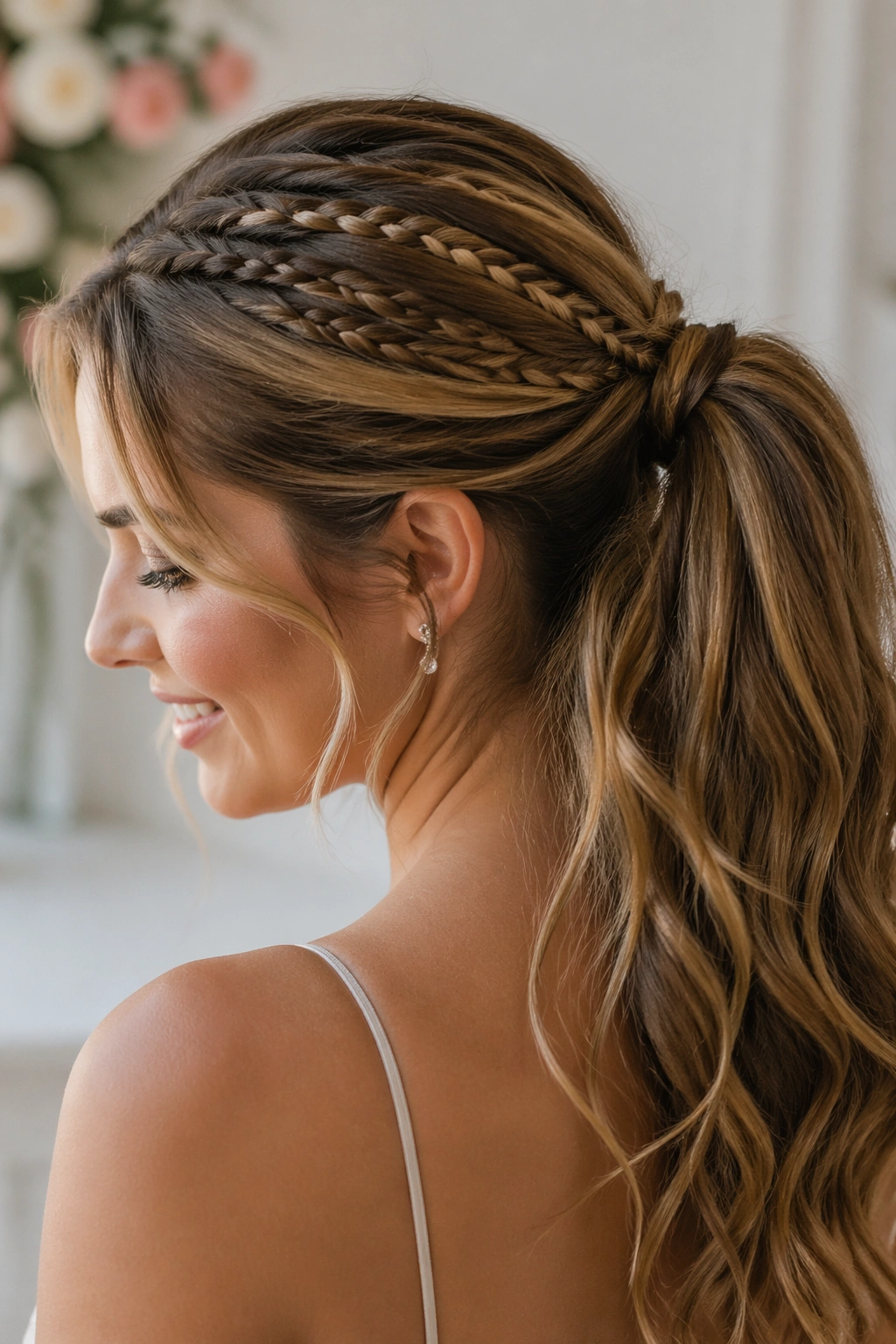 Close-up of a real woman with small braids woven into a ponytail